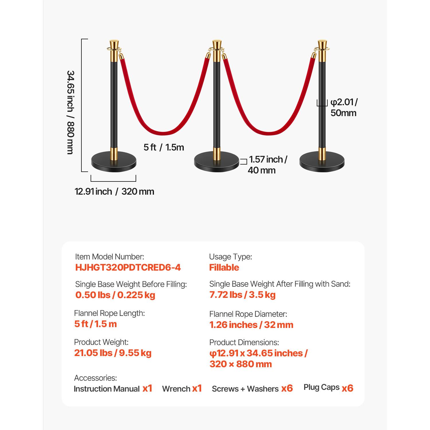 

SucceBuy Стойки 6 шт. Барьеры для контроля толпы 4 Бархатных каната Стойка из нержавеющей стали Пост для очереди с заполняемым основанием для вечеринки
