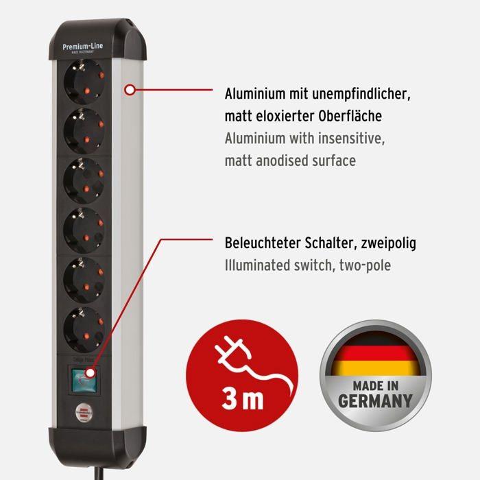 Multiprise - Brennenstuhl - 1391030600 - 6 Prises - Câble 3m - Aluminium Robuste