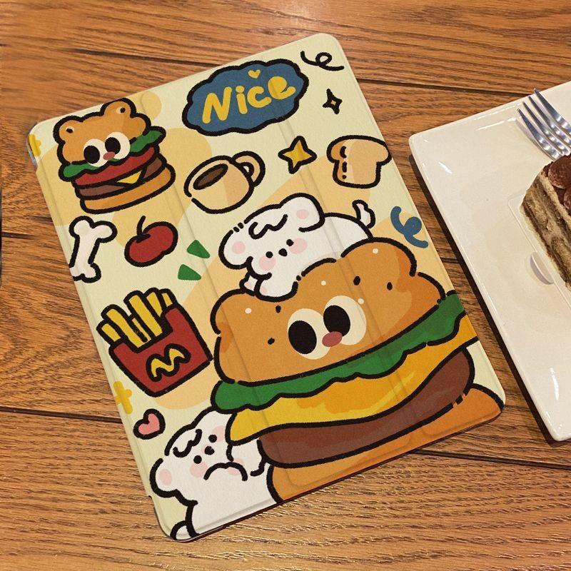 Für iPad Air6 Hülle Süßes Burger Welpen Muster iPad Smart Style Tri-Fold Hülle für iPad Pro2024 11 13 Air6 Air5 Air4 10.9 Air3 10.5 mit Bleistifthalter