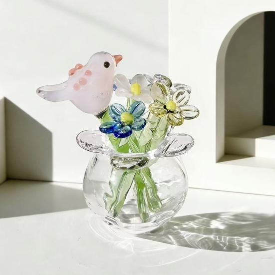 Handmade Mini Glass Animal Figurine Faux Crystal Small Bird Butterfly Bee Ornament with Stem for Home Office Tabletop Decor