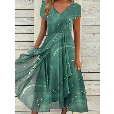 Robe en mousseline de soie pour femmes, manches courtes, imprimé bloc de couleurs, col en v, pull mi-café, mode décontractée, taille haute, jupe trapèze, été