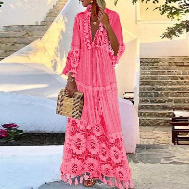 Elegantes Maxikleid mit Fransen aus Spitze, V-Ausschnitt und ausgestellten Ärmeln in Gelb, Rosa, Weiß, Blau L pink
