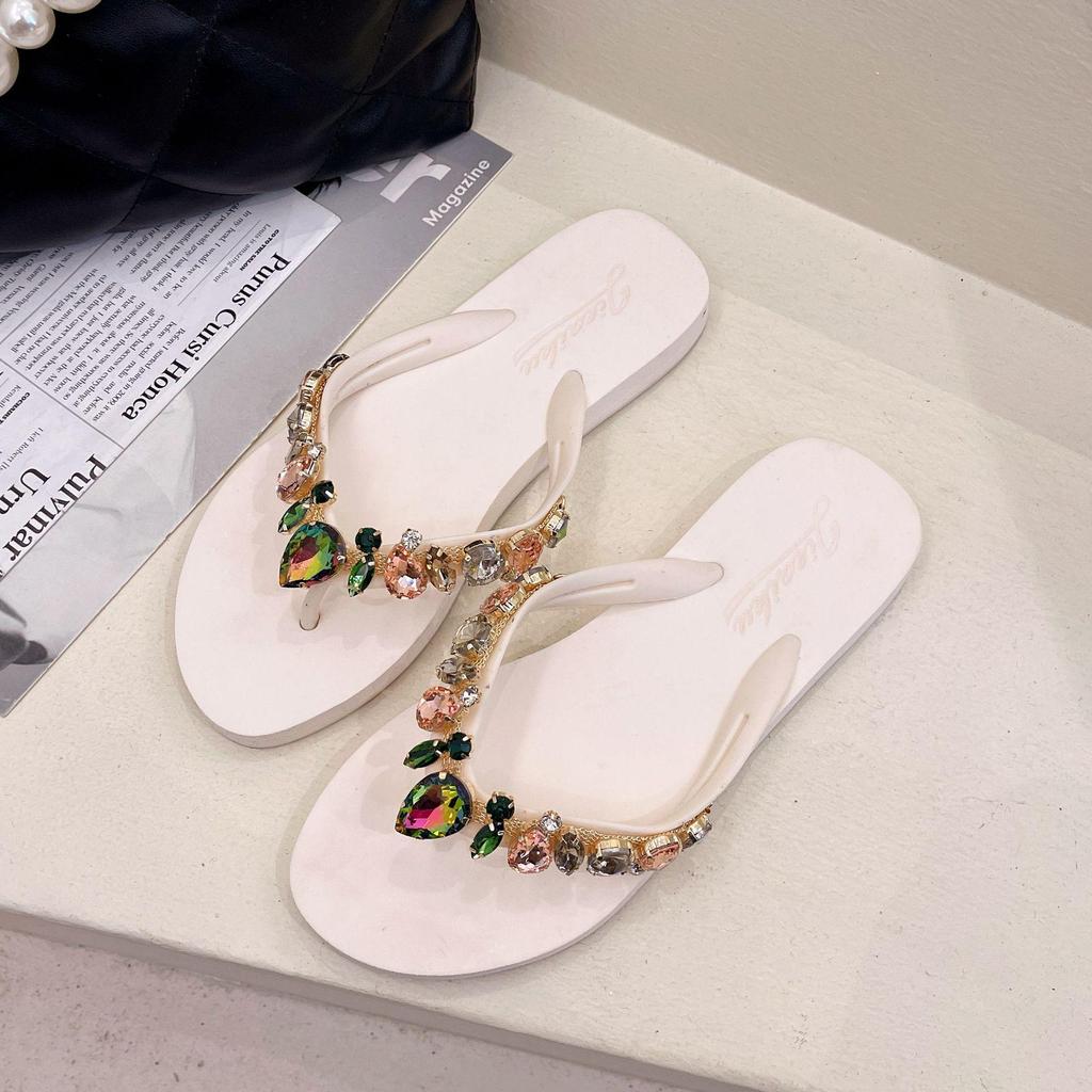 Summer Peach Heart Rhinestone Flip Flops - Women's Casual Beach Flats