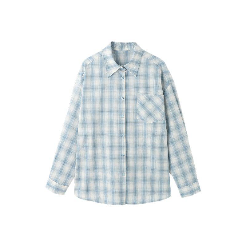Women's Blue & White Plaid Cotton-Linen Shirt Jacket – Spring/Summer 2025, Sun Protection, Casual Style.