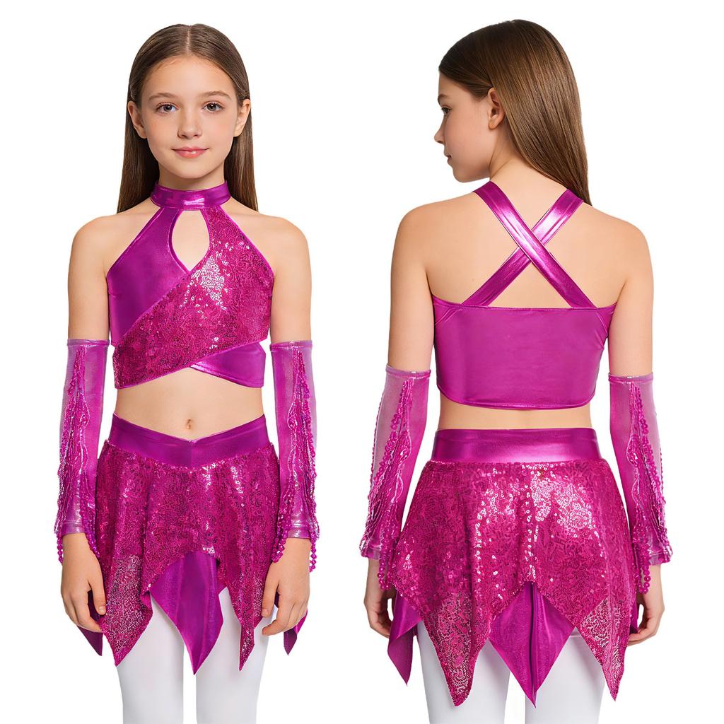 Dívčí jazzový taneční představení set: Crop top s kovovým leskem, zdobený flitry, s výstřihem ve tvaru křížové klíčové dírky, doplněný asymetrickou sukní a rukavicemi s flitrovanými třásněmi