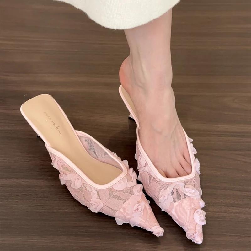 Moda Verão Moda Feminina Mules Tamancos Salto Alto Elegantes Bico Coberto Vestido Renda Slides Senhoras Sapatos de Festa Dança Baile