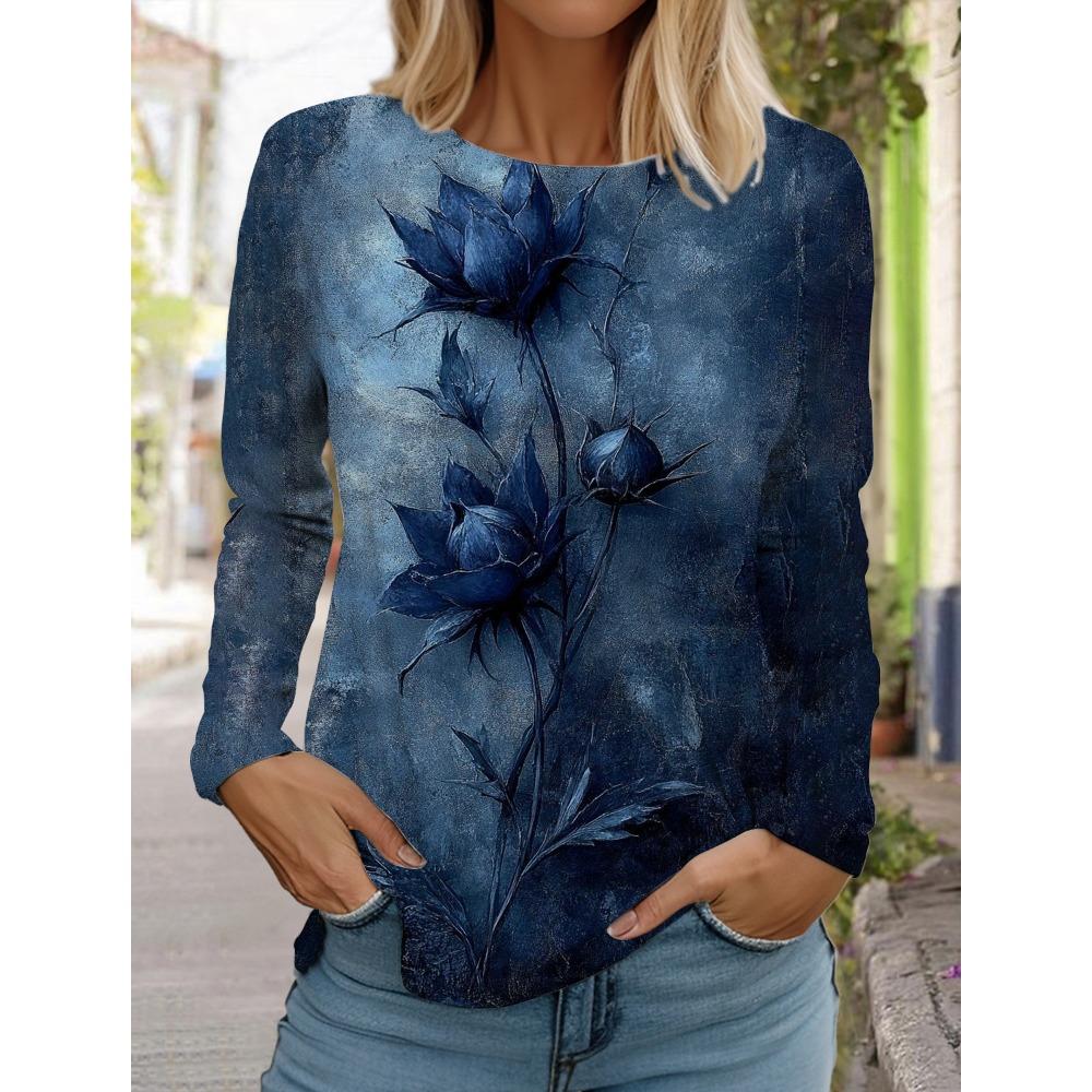 Women's Printed Flower T-shirt Fashion Long Sleeved Round Neck Regular Tops Spring and Autumn Wear