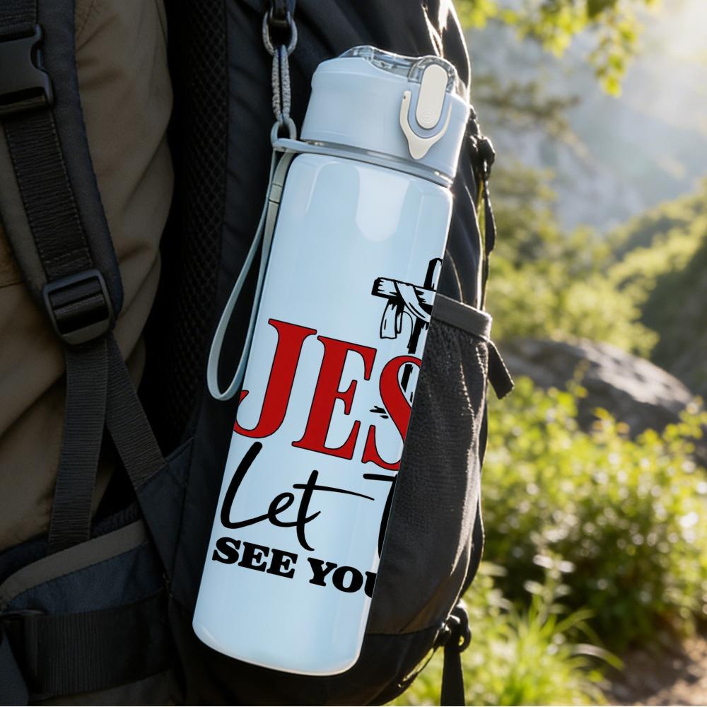 1PC Jesus Let Them In Cross Letter 750ml Color Plastic Sports Water Bottle Leakproof Flip Straw Lid Suitable for Sports Office Home Use