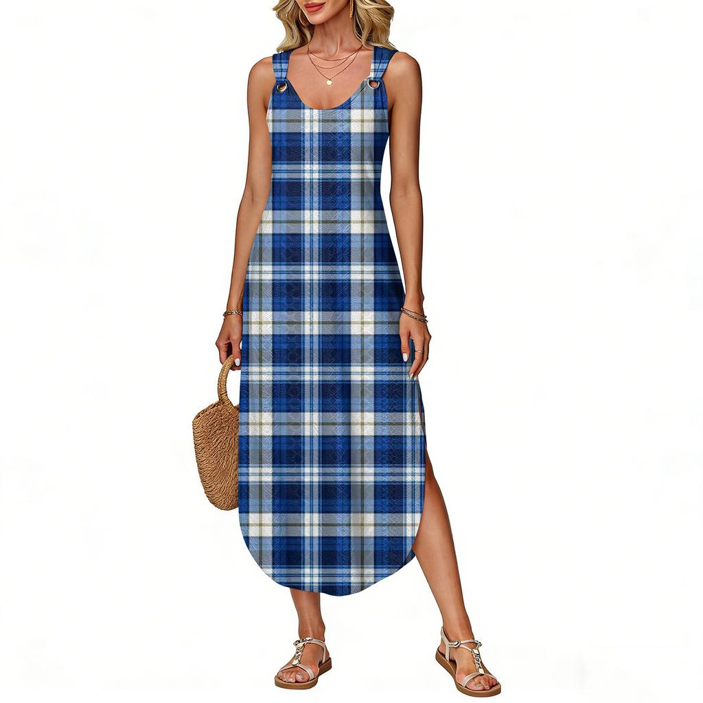 Women's Summer Long Dress, Sleeveless with Side Slits, Long Plaid Printed Vest Dress