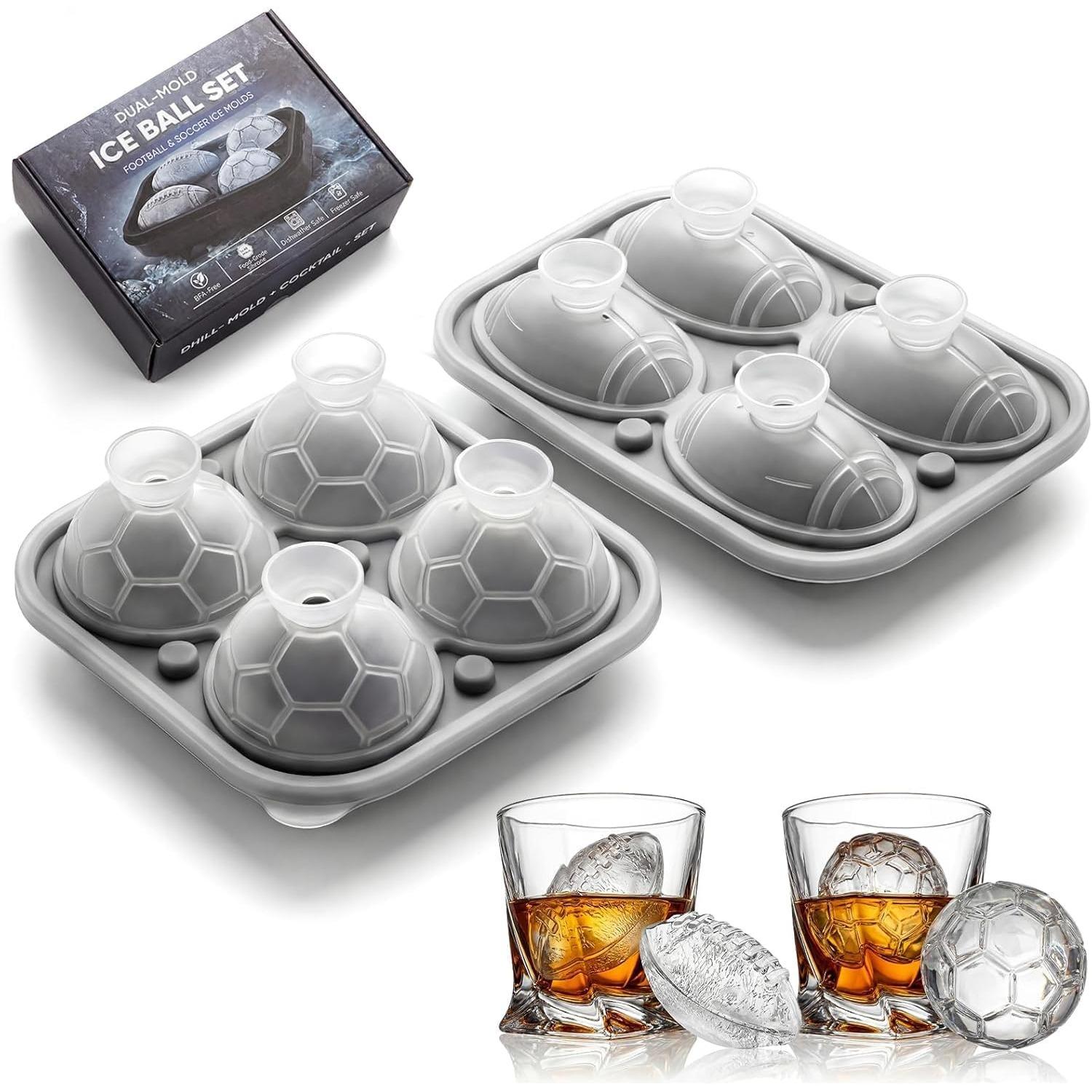 2-Pack Silicone Ice Ball Molds – 1 Football + 1 Soccer, 2.2  Large Whiskey Ice Spheres, Easy-Release & Dishwasher-Safe, BPA-Free Ice Trays  2-Pack