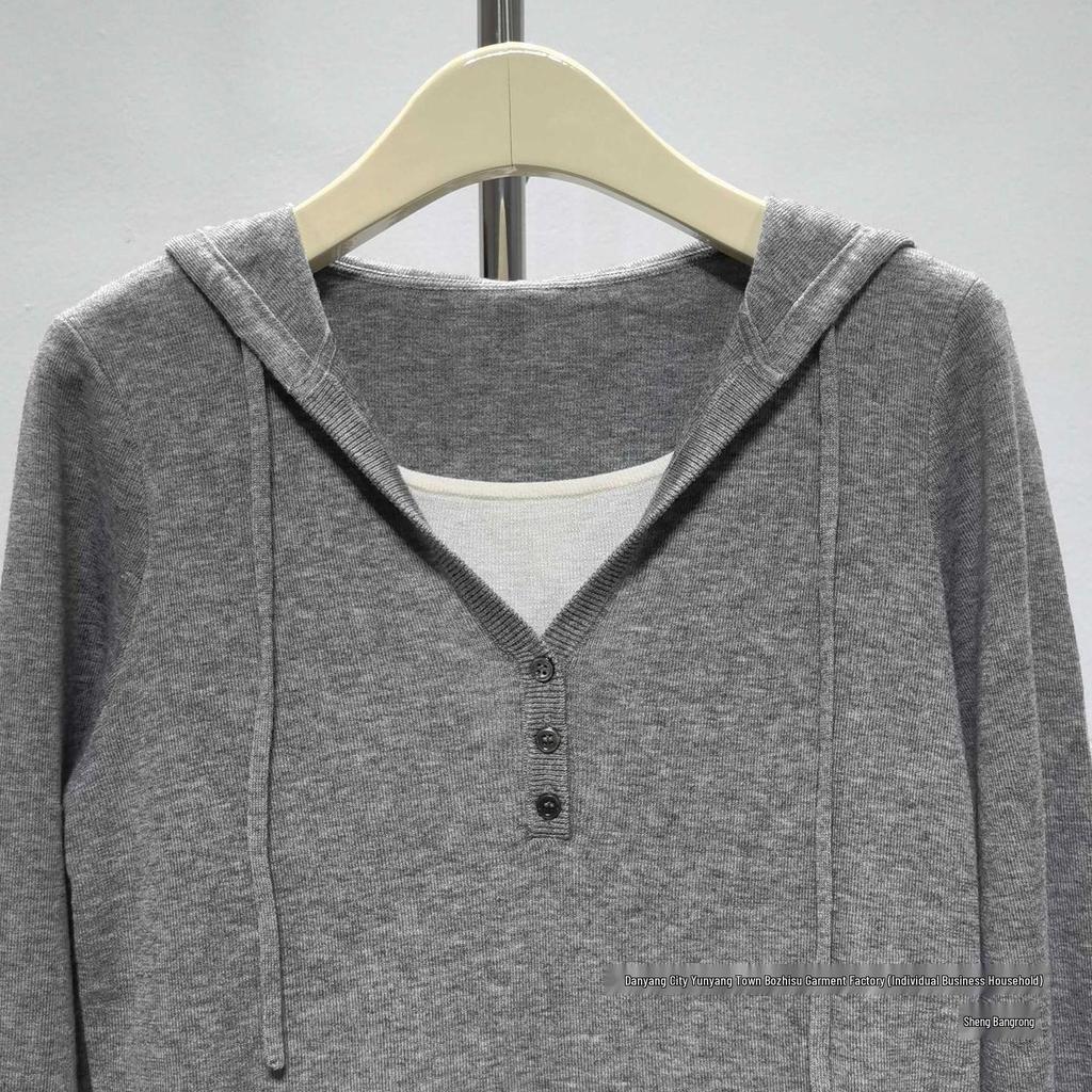 Poetry*Li Women's Hooded Two-Piece Look Long Sleeve Knitted Sweater, Autumn 2025 Collection.