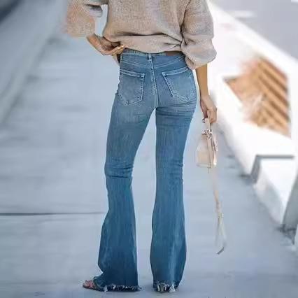 Women High Waist Vintage Flared Jeans Medium Stretch Slim Bootcut Denim Pants Casual Street Denim Trousers For Ladies