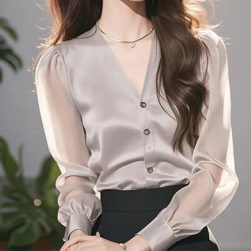 Grey Satin Long-sleeved Shirt for Women In Autumn Wear with A V-neck Elegant Temperament Fashionable and Stylish Suitable As An Early Autumn Top