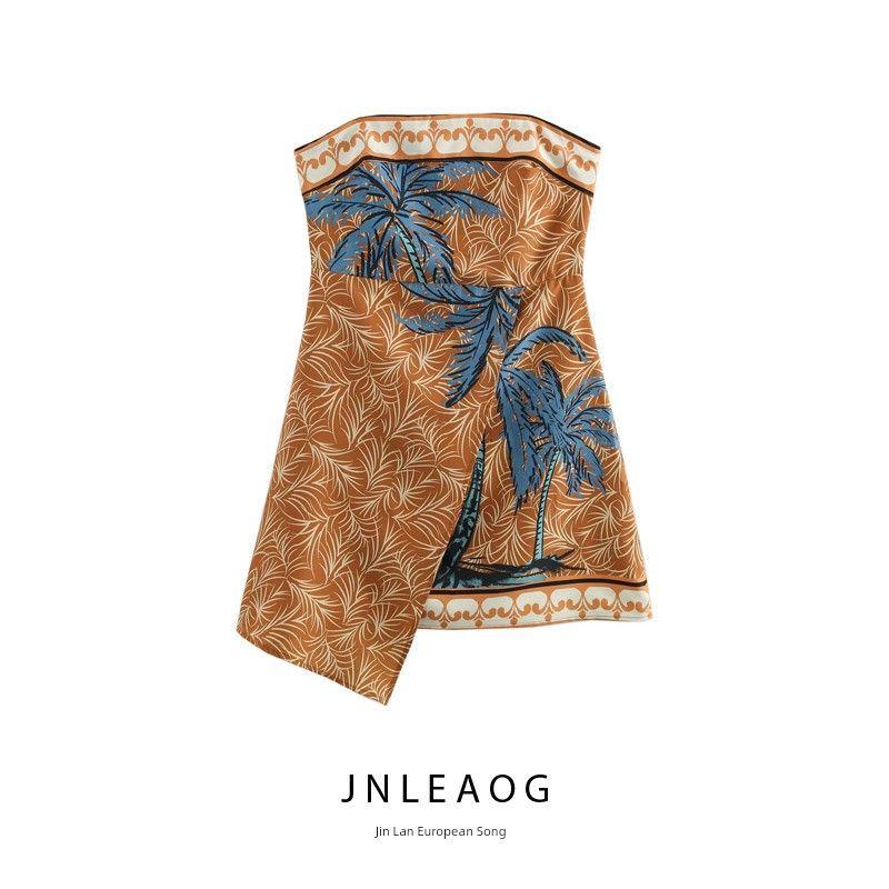 Jnleaog Spring New Arrival Women's Clothing Fashion Style French Fashion Coconut Tree Print Short Tube Top Dress