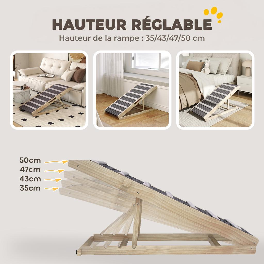 Dog Ramp, Wooden, Non-Slip Mats, 4 Heights 35-50 cm, 100 x 50 x 50 cm, Natural and Gray Wood