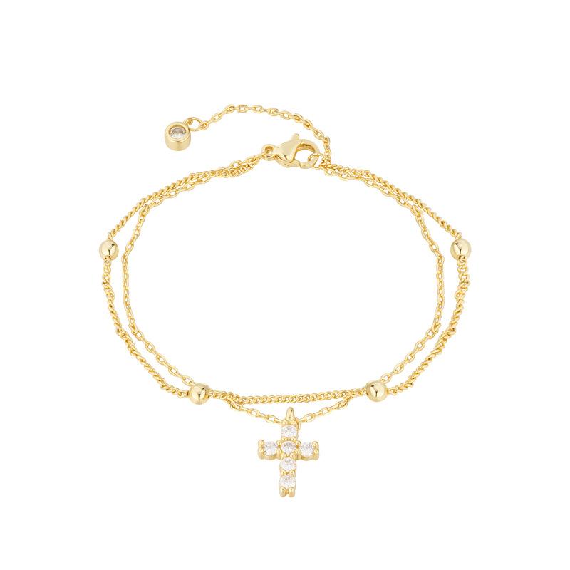 Fashion Gold Color Double Layers Crystal Cross Copper Chain Bracelet For Women Girls Adjustable Charm Bracelet Jewelry Gifts