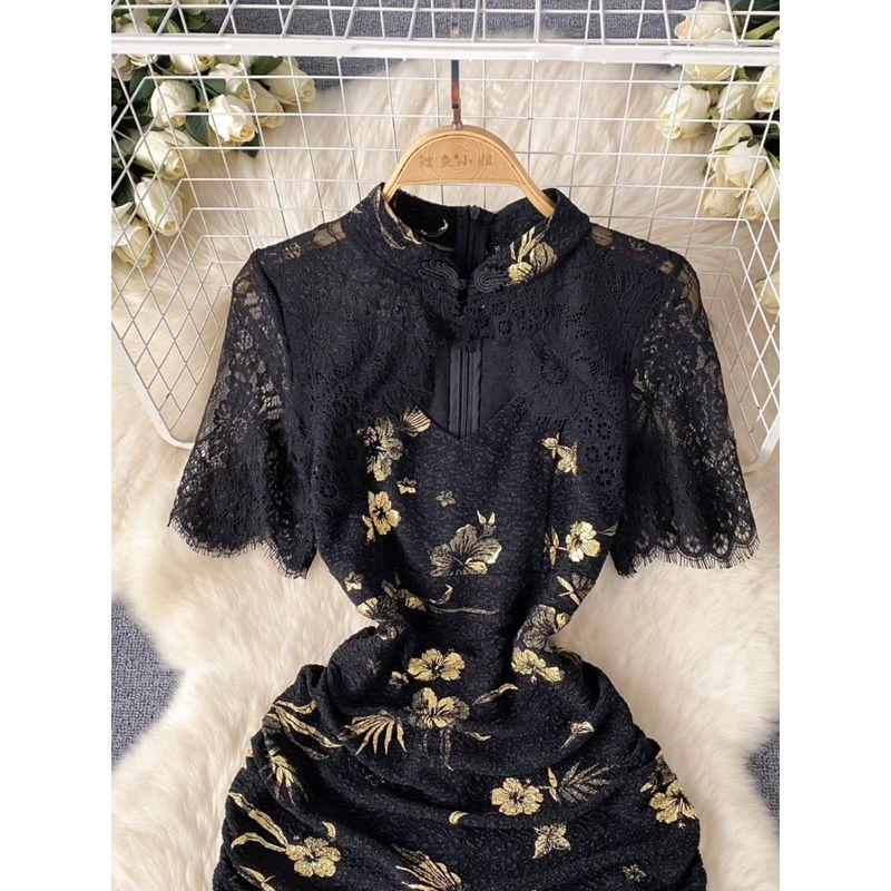 New Chinese Style Women's Clothing Dress 2024 Summer New Arrival Scheming Cutout Lace Stitching Bronzing Printed Cheongsam