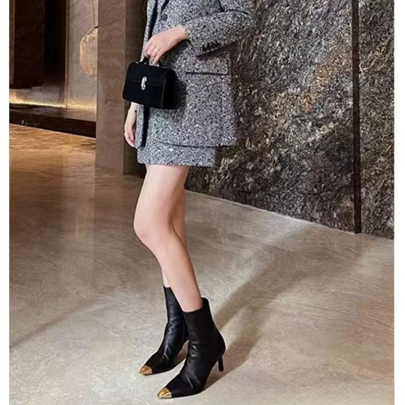 Women's Metal Pointed Stiletto Heel Ankle Boots Side Zipper Autumn Winter Slim Black Chunky Boots