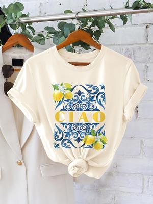 Women'S Casual T-Shirt Round Neck Short Sleeve Regular Length with CIAO Lettering and Lemon Print for All Seasons