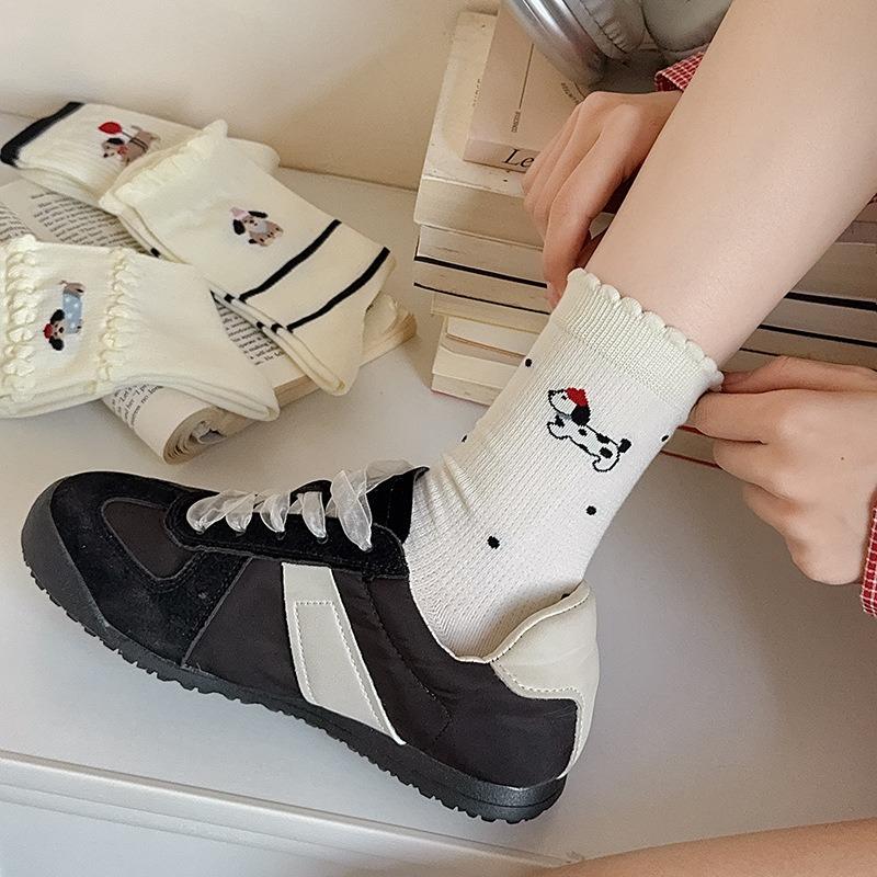 Puppy Socks, Women's Spring and Autumn Cotton Socks, Mid-calf Socks, Trendy and Breathable Cotton Socks, Cute Lace Bubble Opening Pile Socks