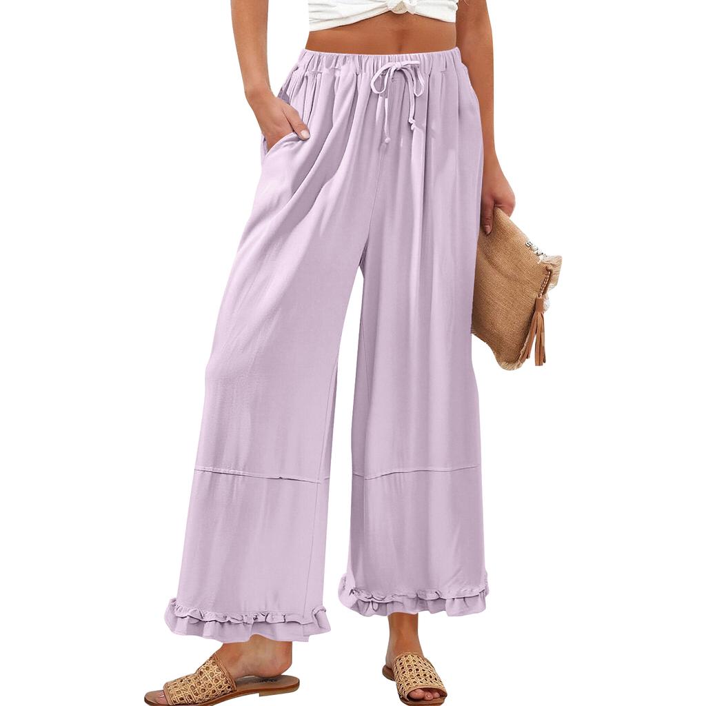 Women’s Wide Leg Lounge Pants with Drawstring Waist and Ruffle Hem Casual Loose Fit Lightweight Trousers with Pockets