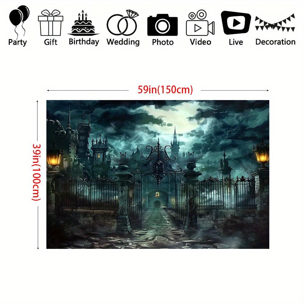 VIKAMA Gloomy Castle Iron Gate Full Moon Night Scene Tapestry Dark Mist Halloween Castle Wall Cloth Party Decoration