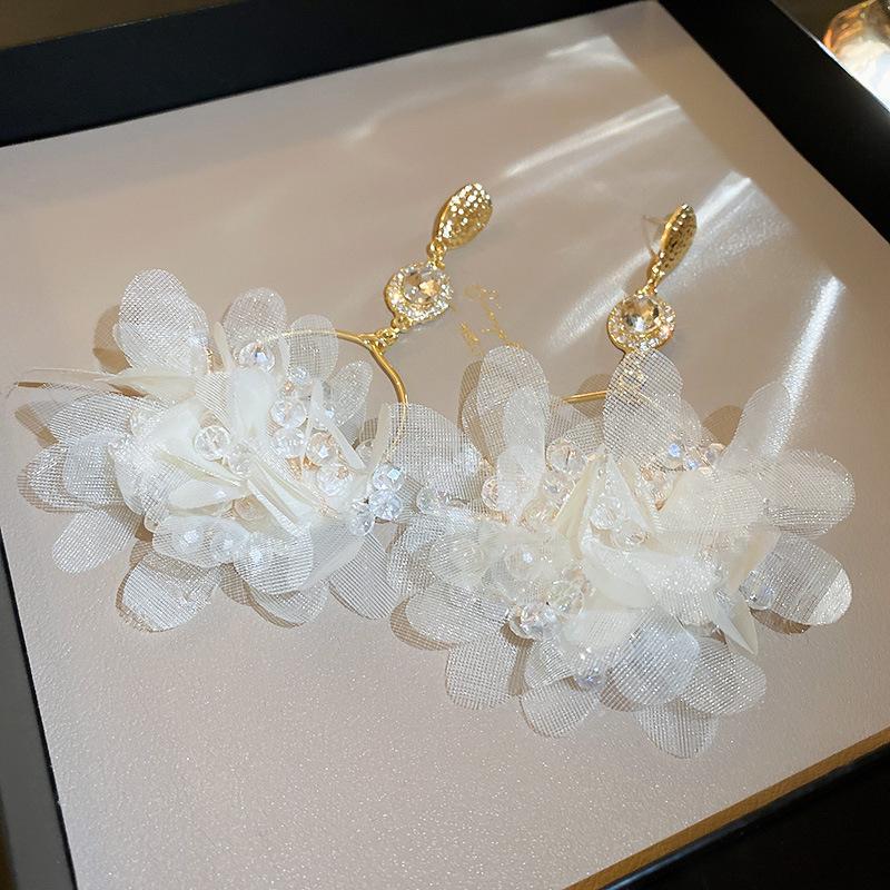 Elegant Fine Crystal Snow Gauze Bowknot Earrings for Women Girl Romantic Temperament Dangle Earrings Wedding Jewelry Accessories