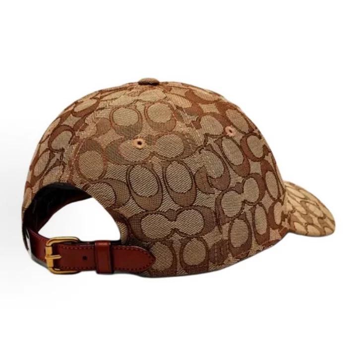 Coach Signature Jacquard Soft Crown Baseball Cap, Allover Tonal C Logo Recycled Fabric Curved Brim Tan Vintage Luxury UV Protection Casual Dad Hat
