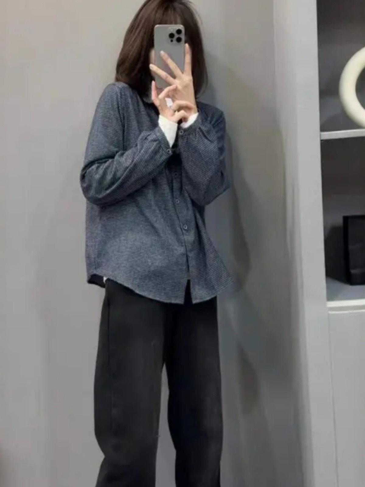 

Корейская рубашка в клетку с цветовыми блоками класса люкс - Женская весенняя мода 2025 года, многослойный свободный топ Large