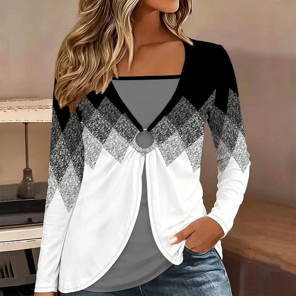 Tops for Women Geometric Print Long Sleeve Fake Two‑Piece Top Fall Casual Slim Pullover Women's Long Sleeve Top