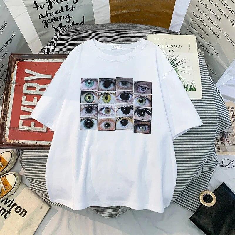 

Футболка унисекс Harajuku Eyes Print с коротким рукавом Y2K Уличная одежда Топы Эстетическая футболка Винтажные готические черные футболки с круглым вырезом унисекс L