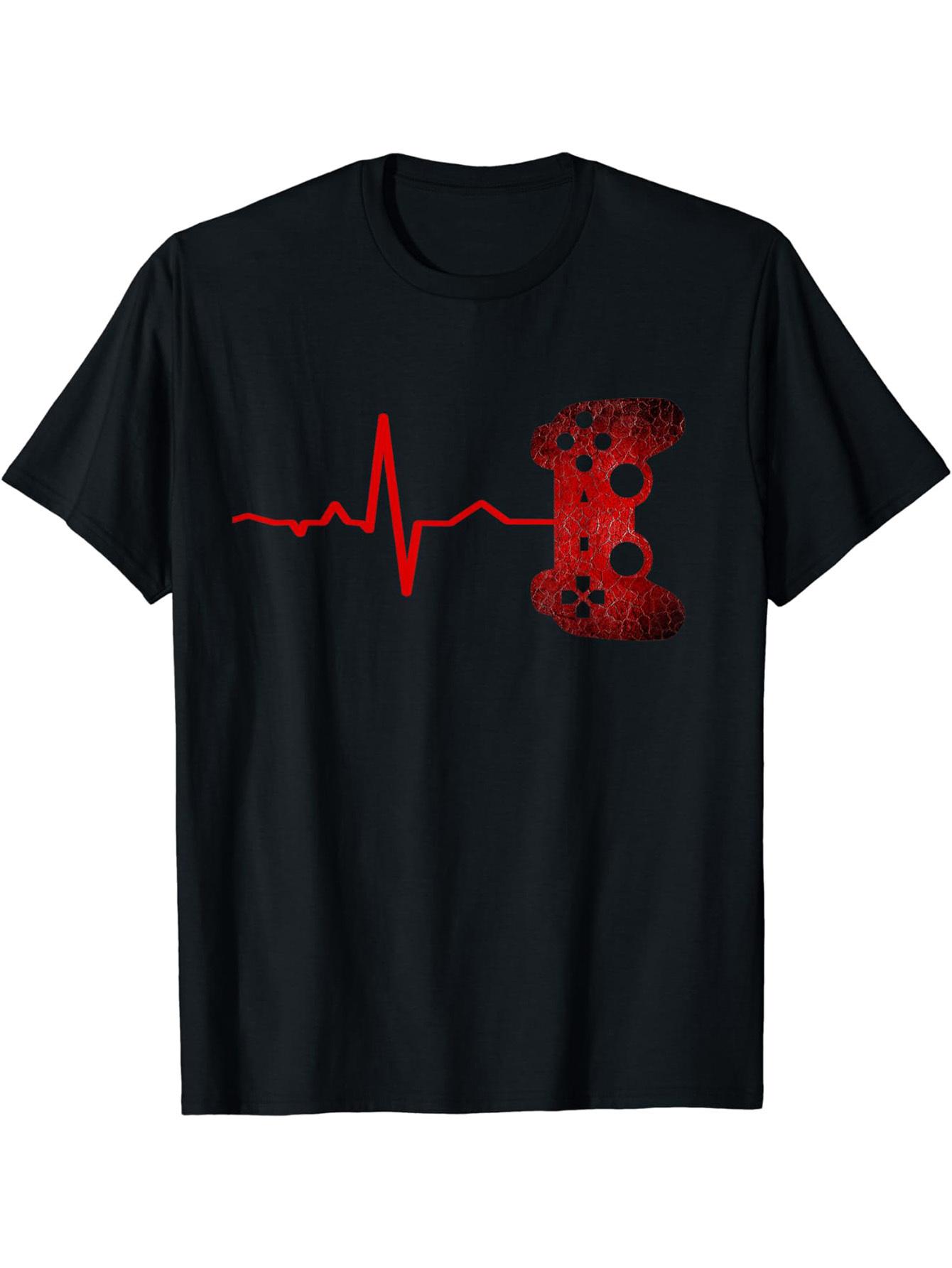 

Gamer Heartbeat Graphic T-Shirt for Men Teens - Red Gaming Design with EKG Line Controller Silhouette Casual Round Neck Tee 4XL