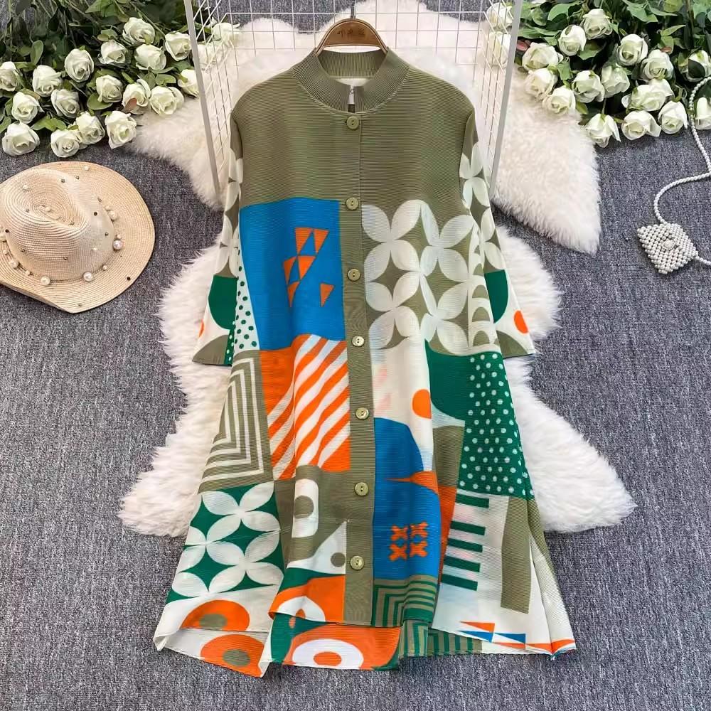 Autumn Spring Fashion Print Colorblock Oversized Loose Shirt Dresses Women's Single Breasted Draped Pleated Party Miyake Clothing