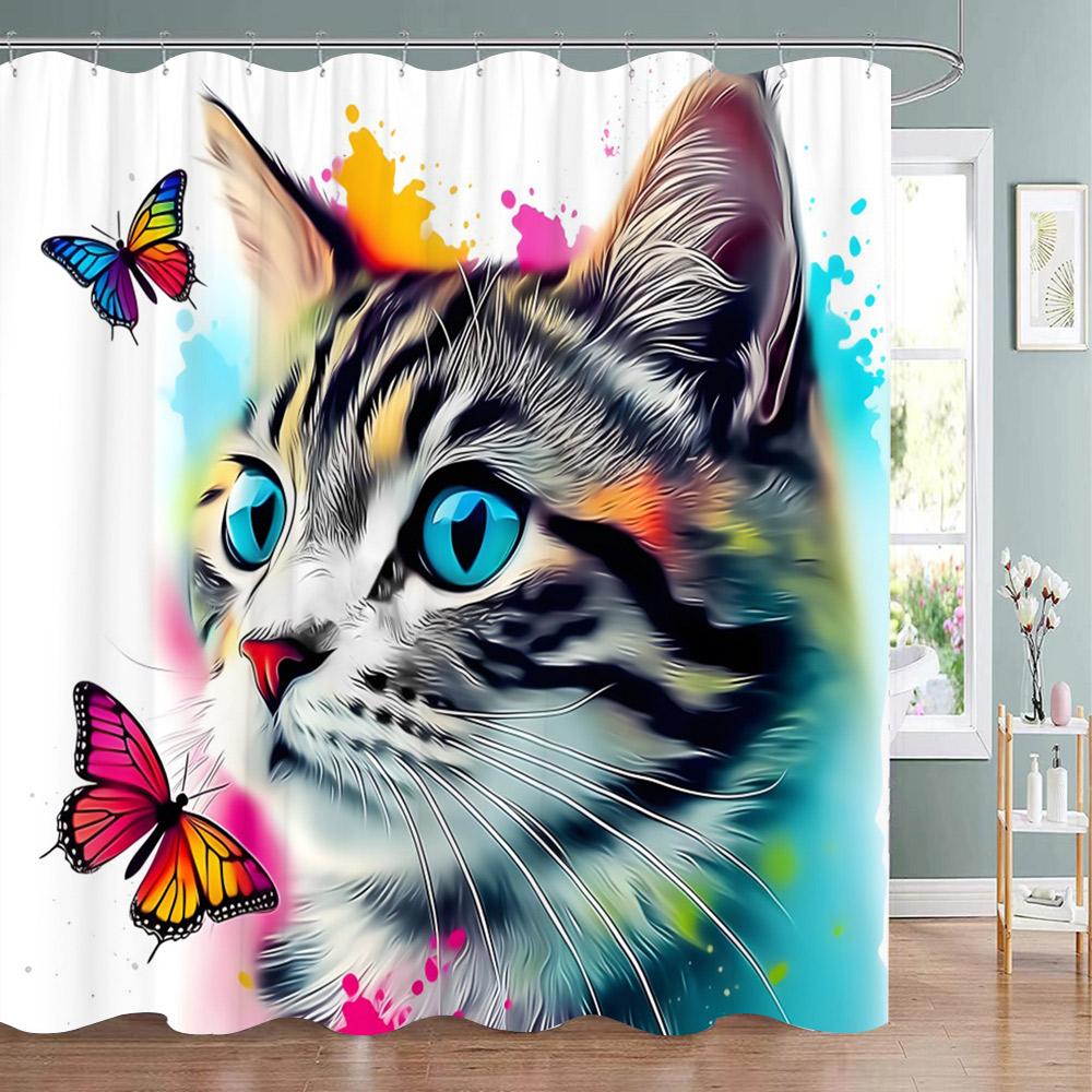 Weißer Kater Mit Blauen Schmetterlingen Duschvorhang Wasserdicht Leicht Zu Reinigen Sichtschutz Druck Fantasy Kunst Design Elegant