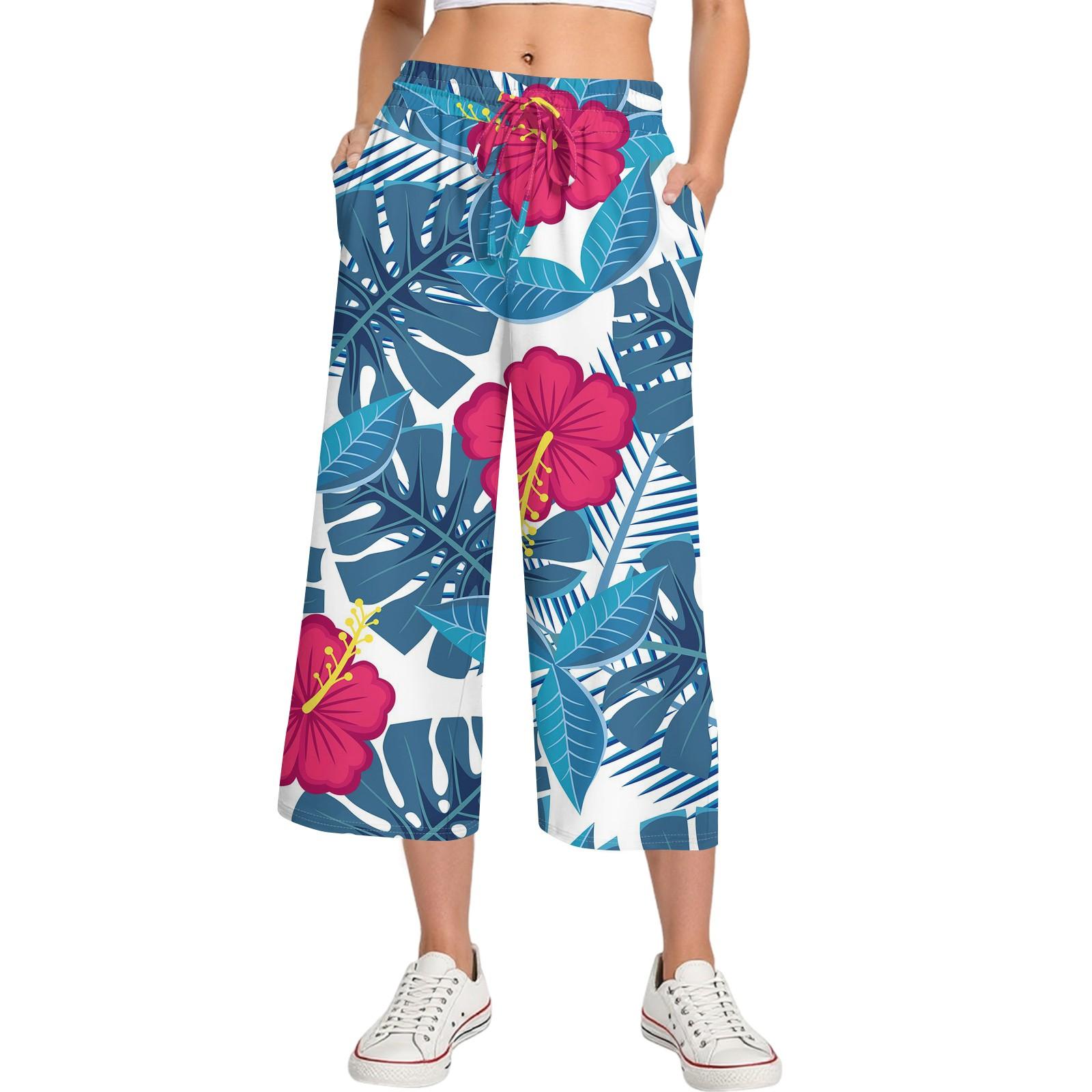 

Женские летние повседневные спортивные брюки с высокой талией и принтом, укороченные брюки свободного покроя XL