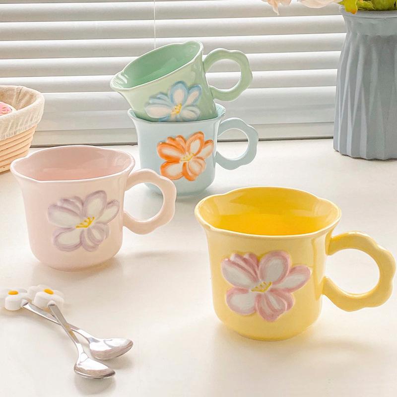 Ins Style High Value Flower Mug Girls Office Ceramic Drinking Cup Korean Coffee Cup Milk Cup
