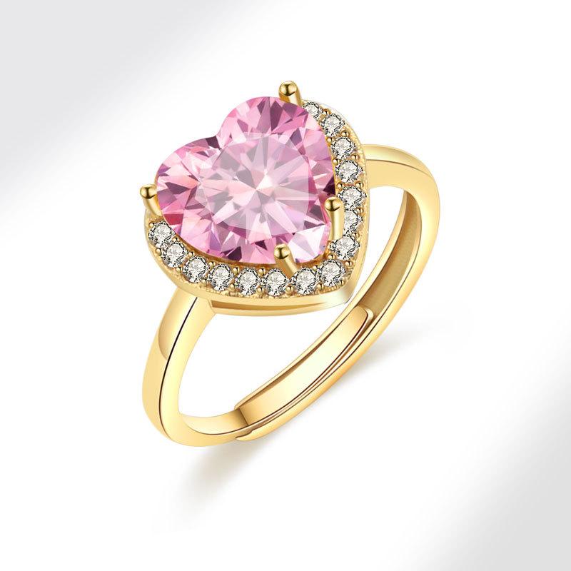 Pink Heart Shaped Ring Full Zircon Adjustable Open Index Finger Ring Romantic Colorful Gemstone Jewelry For Women