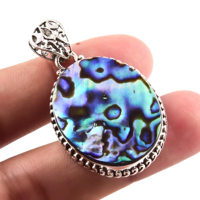 Natural Abalone Shell Gemstone 925 Solid Sterling Silver Gift Pendant 1.8" O7s01