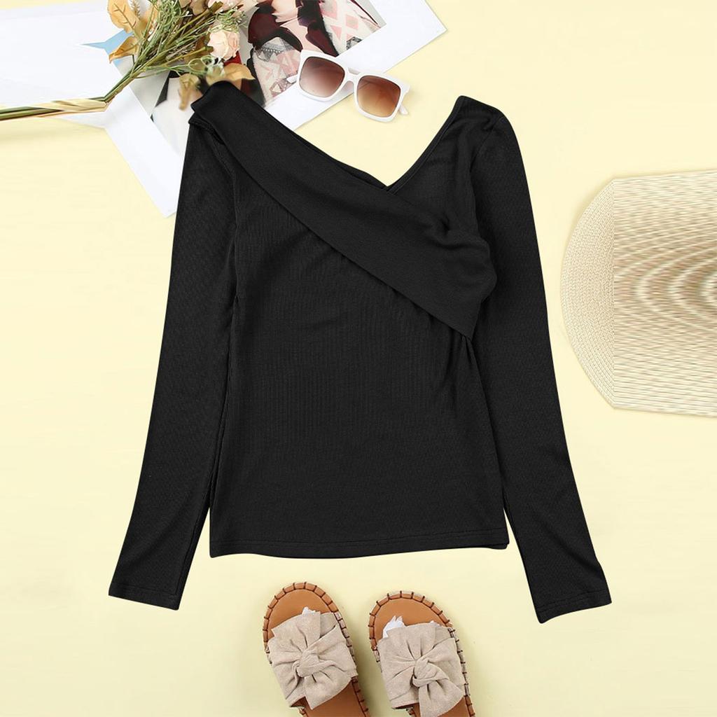 Women's Color V Neck Off Shoulder Long Sleeve Wrap Top Sexy Bandeau Top