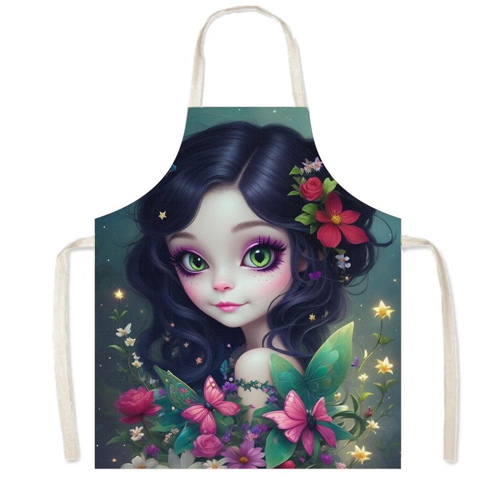 Cartoon Gothic Girls Print Kitchen Aprons Fantasy Angel Home Cleaning Clothing Linen Pinafore Waterproof Chef Cooking Apron