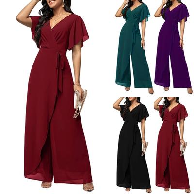 Women's  V-neck Waist Cinched Fashionable Jumpsuit Wide Leg Pants