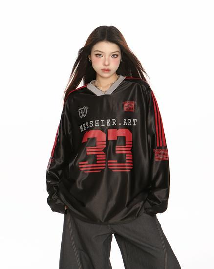 

Женский спортивный свитшот из джерси с V-образным вырезом и длинными рукавами в американском стиле колор-блок 2XL чёрный