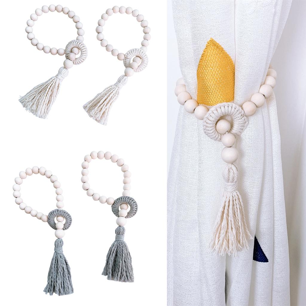 2Pcs Wood Beads Curtain Holdbacks with Tassels for Home and Office Decors Cotton Rope Window Drapery Tiebacks Ties