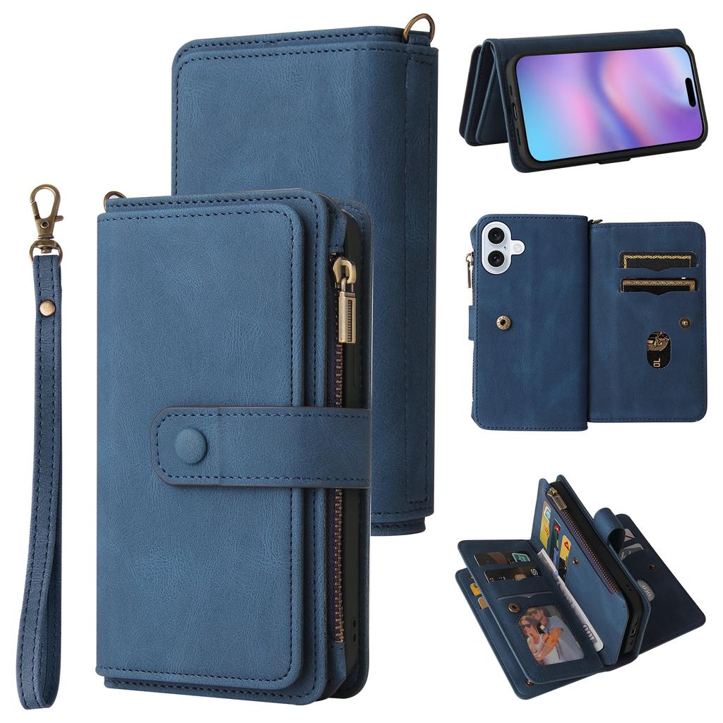 For iPhone 17 Zipper Wallet Case with 15 Card Slots and Strap Leather Phone Cover