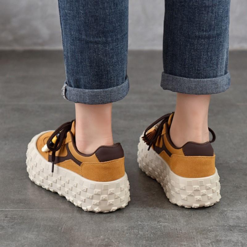 Johnature Genuine Leather Casual Lace Up Shoes Lightweight Thick Soled Height Increasing Women's Platform Shoes