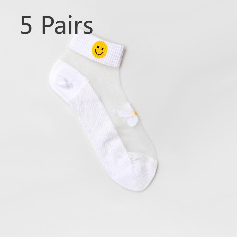 5 Pairs of Ladies Spring and Summer New Small Daisy Crystal Silk Short Boat Socks