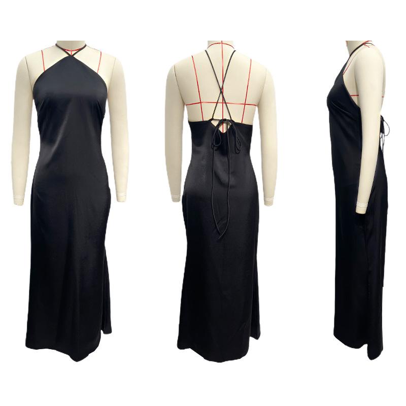 Women Design Sense Backless Spaghetti Strap Solid Ankel-Length Dress V-neck High Waist