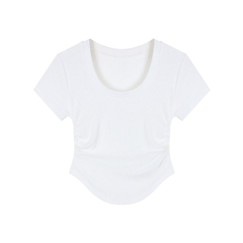 Women's Silm U-Neck Short-Sleeved Summer Pleating Tops T-shirt