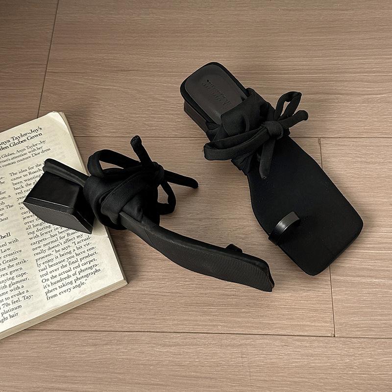 2025 Sleeve toe strap sandals fairy style spring versatile cross strap square head medium thick heel Roman high heel