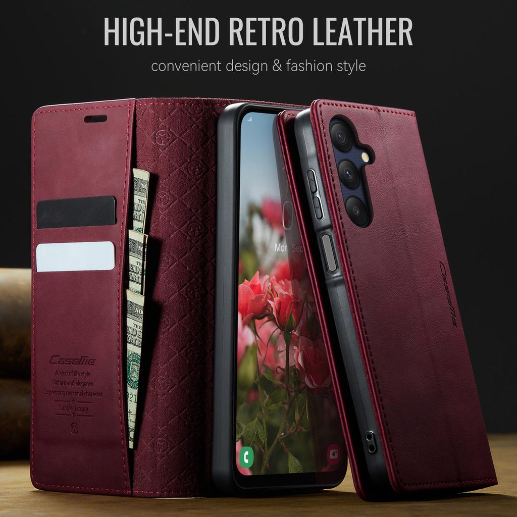 Pro Samsung Galaxy A25 5G (Globální) (161,0 x 76,5 x 8,3 mm) Pouzdro CASEME řady 033 Peněženka s RFID blokováním Stojánek Kožené pouzdro na telefon s texturou telete